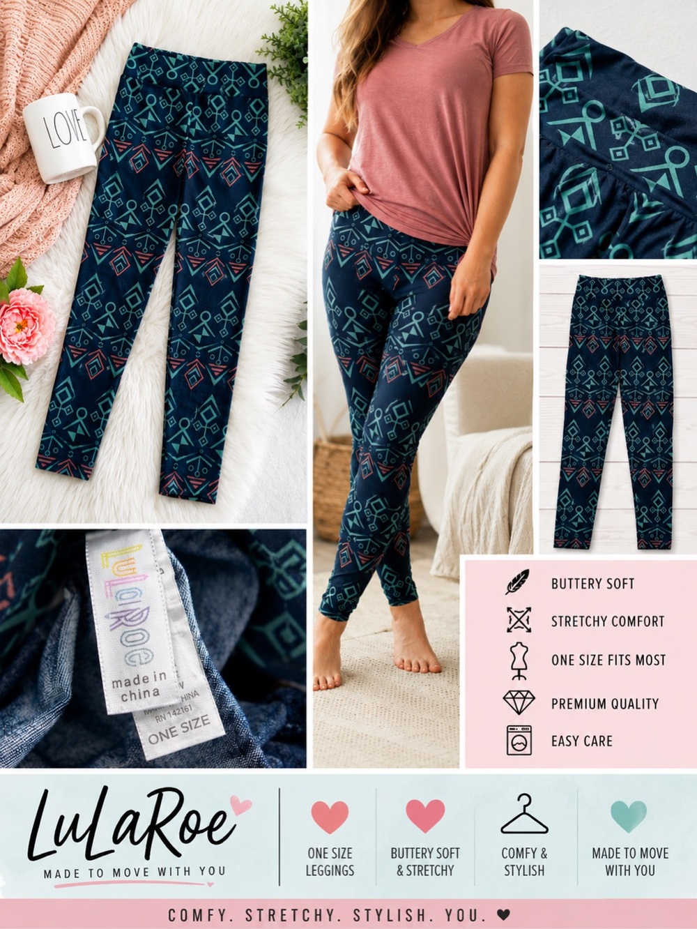 LuLaRoe | Blue Tribal Print Buttery-Soft Stretchy Leggings | One-Size | Like-New
